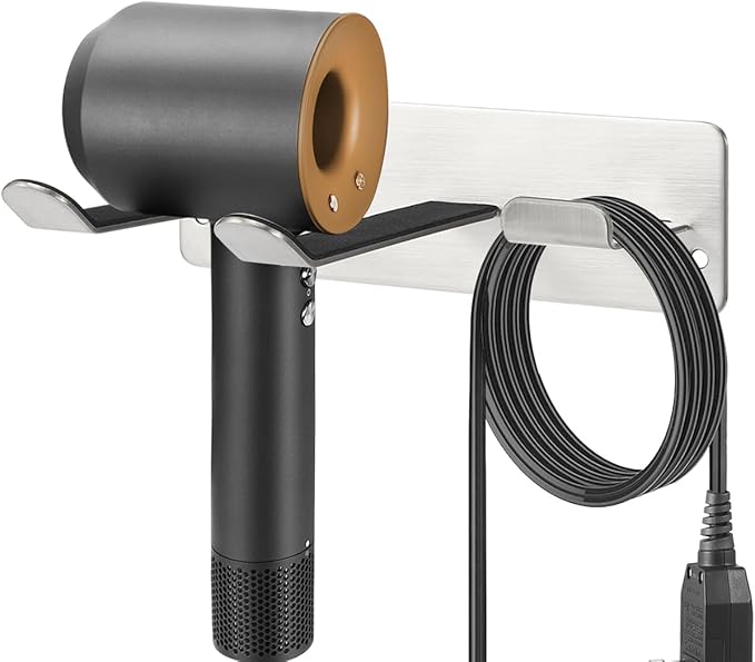 Hair Dryer Holder, Wall Mounted Rack Compatible with All Hair Dryer, Space Organizer for Bathroom/Bedroom/Washroom/Barbershop, 304 Stainless Steel, Self Adhesive (Silver)
