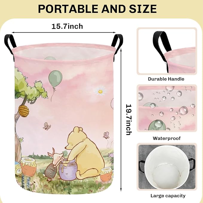 Greatingreat Pink Winnie Foldable Laundry Hamper, Circular Canvas Storage Basket with PE Coating, Collapsible Clothes Organizer for Home, Nursery, and Bedroom