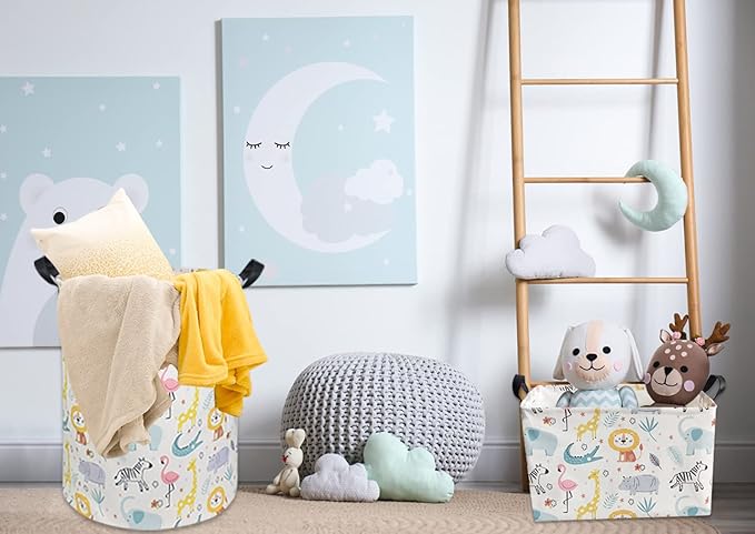 HIYAGON Baby Laundry Basket Baby Hamper for Nursery Boy and Girl Cute Kids Toy Storage Basket Organizer Bins Safari Animal Room Decor(Colorful Animals)