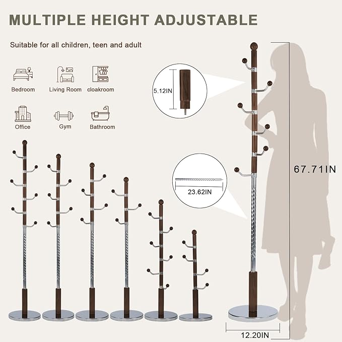 Wooden coat rack stand, Heavy duty coat racks tree freestanding with 6 Hooks and Sturdy Round Base, Coat tree for jacket,Hats, Bags, Purses, clothes (Round base-Walnut)