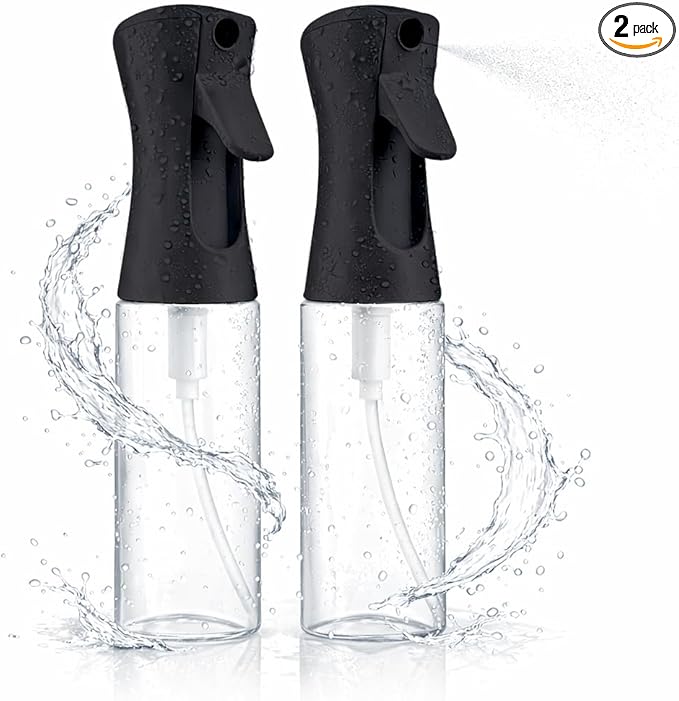 2 Pack Spray Bottles for Hair - Continuous Water Mister Spray Bottles with Ultra Fine Mist Spray for Hairstyling, Barbers, Salons, Skin Care, Cleaning, Plants, Pets (Ebony, 10.1 oz)
