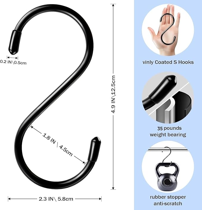 5 Inch Heavy Duty S Hooks, Large S Hooks for Hanging Plants, Vinyl Coated S Hook 12 Pack Sturdy Non Slip Kitchen and Closet Black S Hook for Hanging Large Object, Garden Tools, Pot