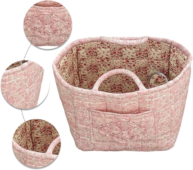Quilted Fabric Storage Basket Boho Floral Laundry Baskets with Handles Collapsible Quilted Soft Basket for Car, Clothes, Toys Storage