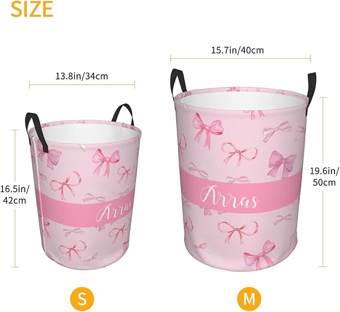 Personalized Laundry Basket for Nursery, Custom Nursery Laundry Hamper with Name, Customize Baby Clothes Circular Hamper for Boys Girls Room Decor, Pink Bows