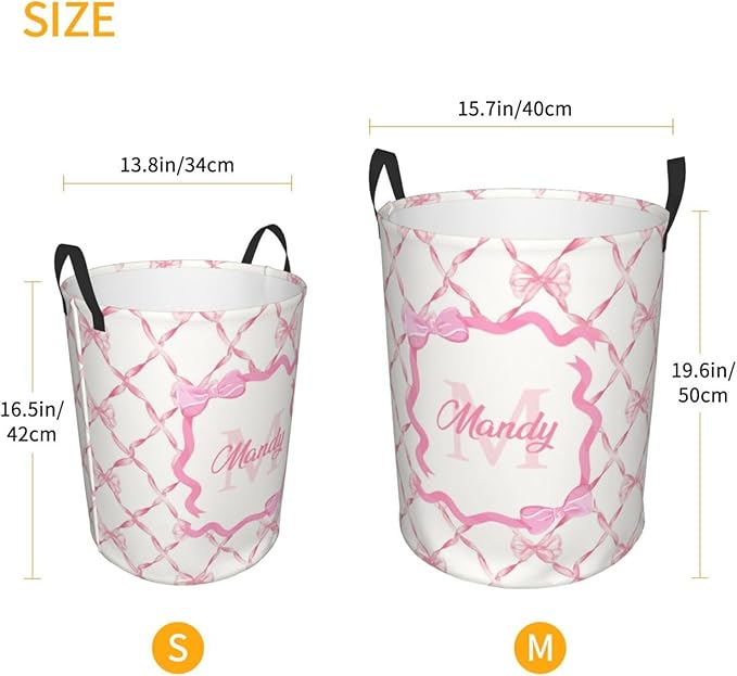 Personalized Laundry Basket for Nursery, Custom Nursery Laundry Hamper with Name, Customize Baby Clothes Circular Hamper for Boys Girls Room Decor, Pink Bow