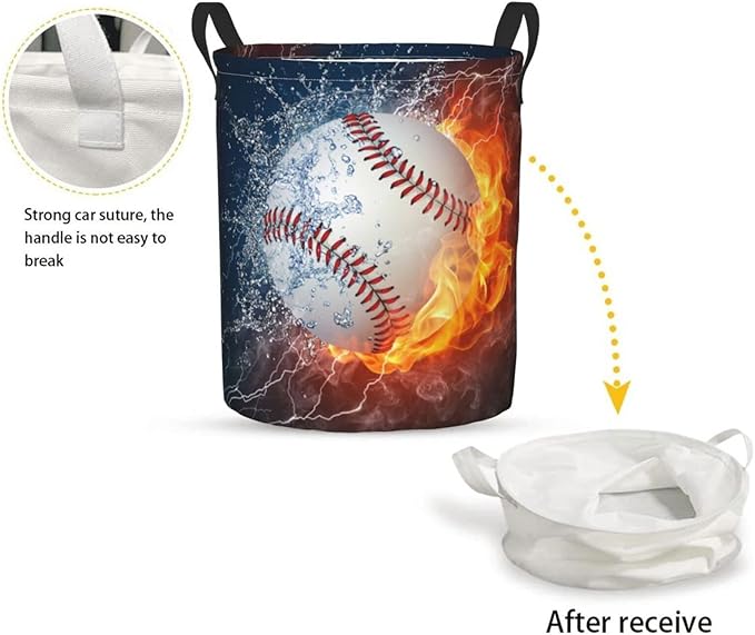 Dujiea Baseball in Fire and Water Laundry Basket Round with Handle, Collapsible Foldable Canvas Storage Bin Dirty Clothes Bag for Laundry/Toys Organizer/College Dorm/Nursery/Decor(2 Sizes)