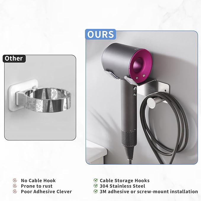 Hair Dryer Holder, Dyson Hair Dryer Holder, Blow Dryer Holder with Cord Hook SUS304 Stainless Steel Wall Mount, Self Adhesive/Screw Space Saving Hairdryer Holder for Bathroom Silver