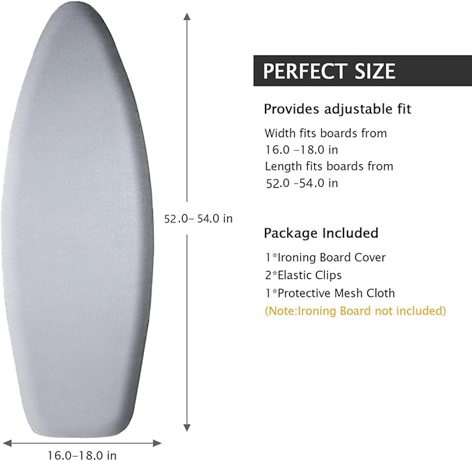 SheeChung Ironing Board Cover and Pad 18x54,Extra Thick Cotton Cover,Scorch and Stain Resistant Large Iron Board Cover with Padding,Wide Ironing Cover with Adjustable Fasteners and Velcro,Silver Grey
