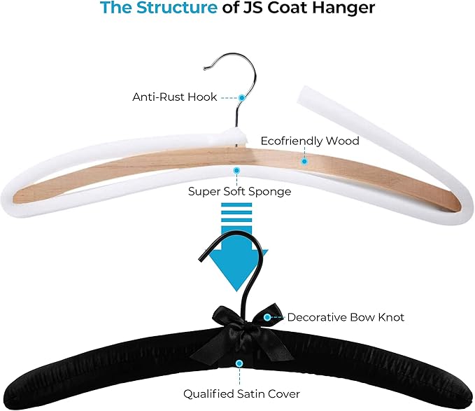 JS Hanger Padded Hanger for Sweaters - 17 Inch Extra Large Heavy Duty Satin Covered Coat Hangers No Shoulder Bump for Women Clothes, Sweaters, Dresses, Clothing, Weddings, Lingerie Pack of 10, Black