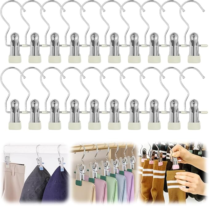Clothes Pins Hanging Clips, 2025 Upgrade Space-Saving Clothespin Hat Pants Storage Hanging Travel Hook, Multifunctional Hanger Hooks Anti Rust Clips for Clothes (20, Cream)