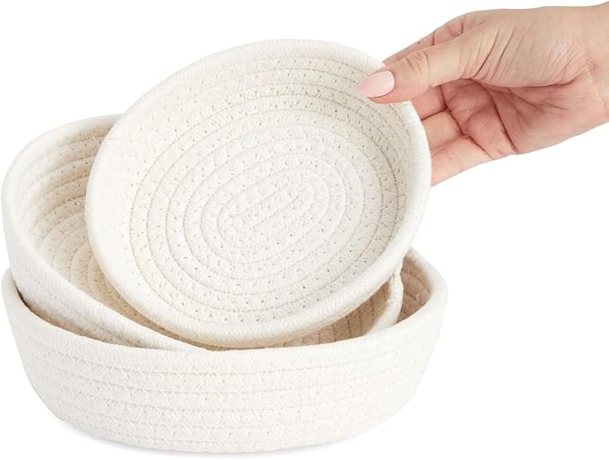 Juvale Small Round Cotton Rope Storage Baskets - Nesting Storage Bin Pack - Cotton Woven Basket for Home Organizing - White, Pack of 3, 6.5 x 2.9 in/7.5 x 3 in/8.2 x 3.2 in