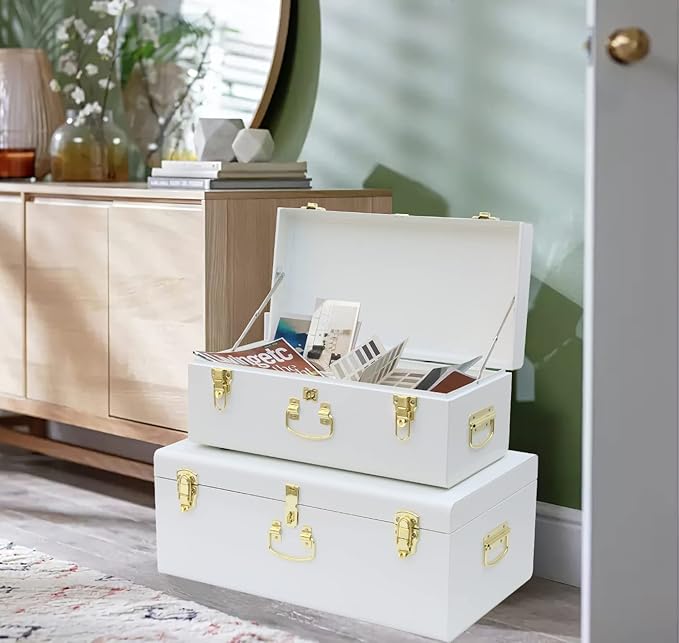 Vixdonos Decorative Metal Box Storage Trunks Set of 2 College Dorm Chest with Lock Hole,23.7X14.2X9.5 Inches(White)