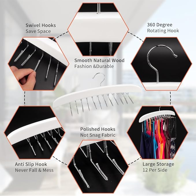 3 Pack Tank Top & Bra Hanger, Tie & Belt Hanger with Natural Wood, 24 Space Saving, 360 Rotating, Foldable Metal Hooks, Closet Organizer and Storage Rack for Tank Tops/Bras/Ties/Belt (White)
