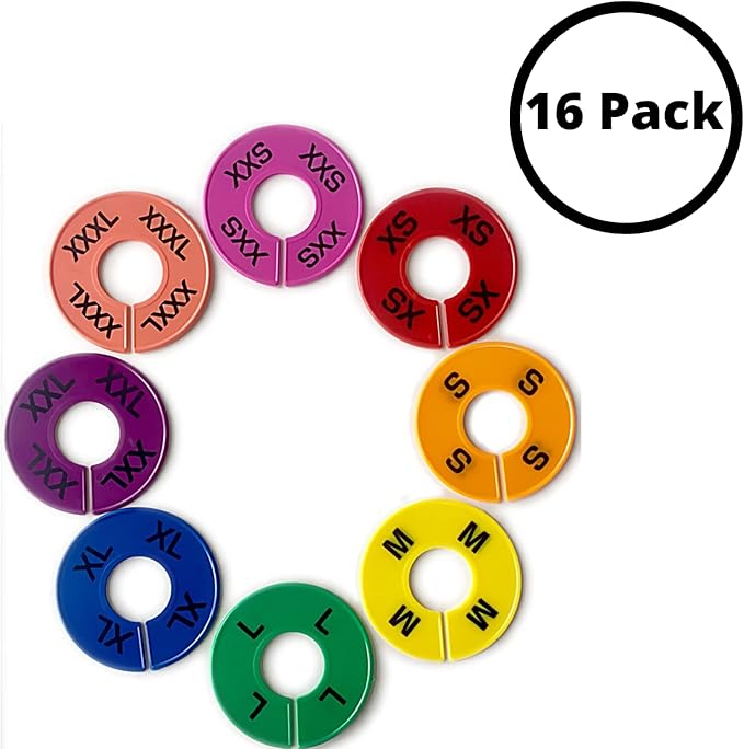 Discount Sizing- Clothes Size Dividers Round Rack Size Dividers 16 Pack (XXS - XXXL) Multicolor | for Clothing Racks Retail Hanger Rack, at-Home Closet Organizing, Adults & Children