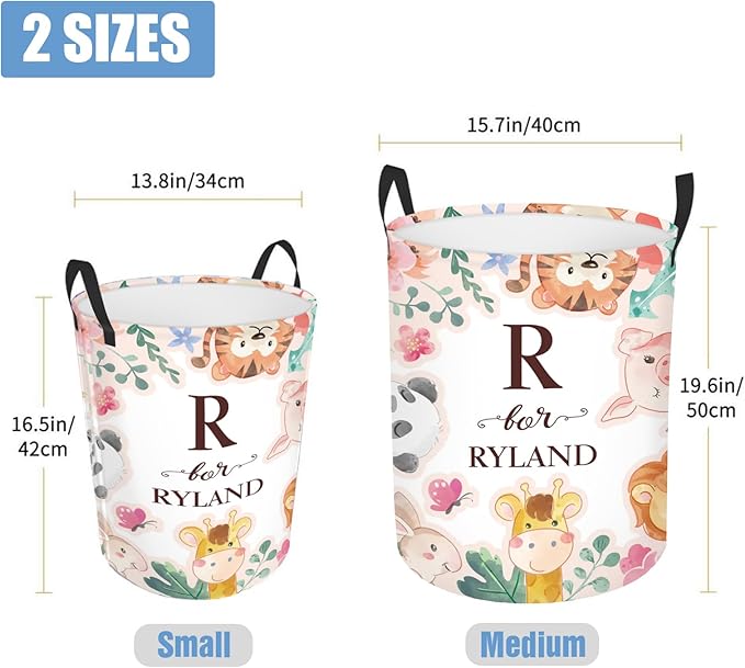 Custom Name Laundry Hamper Kids with Woodland Animals Print, Personalized Girl Laundry Basket for Nursery Bathroom, Customize Baby Name Laundry Baskets for Toddler Adults 2 Sizes