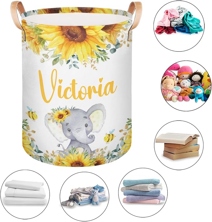 Personalized Laundry Basket, Custom Gift Laundry Hamper, Collapsible Nursery Waterproof Laundry Baskets, Dirty Clothes Toy Hamper with Handles Garden Sunflowers Elephant