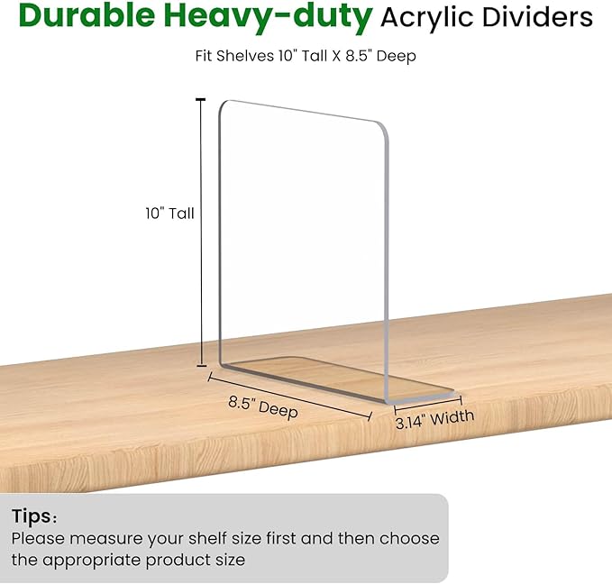 Shelf Dividers for Closet Organization: 8 Pack 10" Tall X 8.4" Deep Acrylic Clear Vertical Shelves Separators - Adhesive Adjustable Easy to Install Remove - Handbags/Clothes/Towel Storage