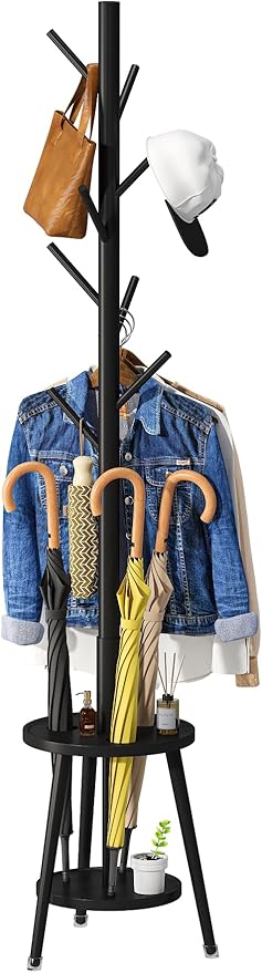 Coat Rack, Bamboo Wood Coat Freestanding with Umbrella Holder, Adjustable Height Coat Stand with 8 Hooks, kids coat rack, Used In The Bedroom Living Room, Office To Hang Clothes, Hats, Bags (Black)