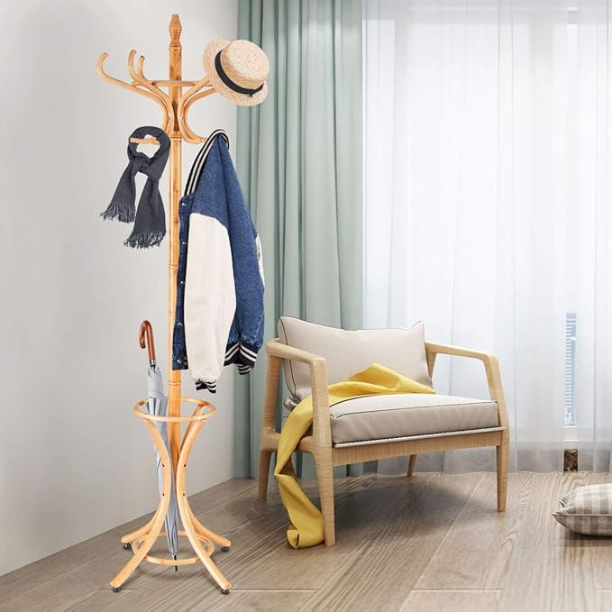 GOFLAME 73" Coat Rack Freestanding, Wooden Coat Tree with 12 Hooks and Umbrella Stand, Entryway Hall Tree, Hat Hanger Organizer, Coat Rack Stand for Coats, Hats, Scarves, Bags, Easy Assembly, Oak