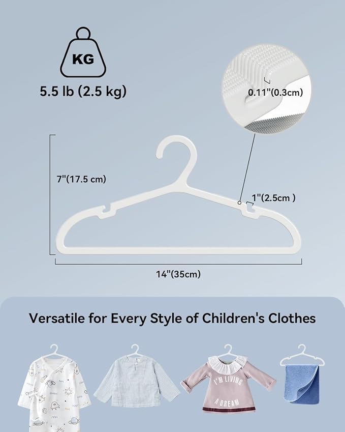 Plastic Kids Hangers, Pack of 60, Ultra Slim Closet Hangers, Non-Slip, Space-Saving, Sturdy, 14" W x 7" H (for Children Aged 7-12 Years), White, UAPY0760W