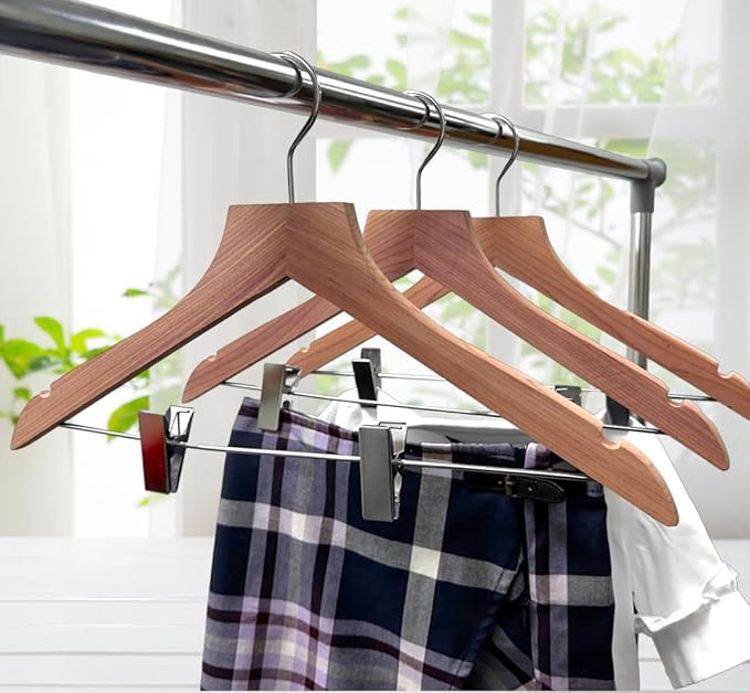 Cedar Elements Big Kids Cedar Hangers – French Flat Top Style 12 Pack for Kids Size 4T-10 (with Metal Clips for Pant Skirt Hanging)