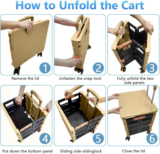 Folding Rolling Utility Cart,Wear-Resistant Noiseless Shopping Trolley Carts with Wheels for Grocery,Portable Crate Storage Tool Box with Lid Used as a Seat for Moving Office Use/Travel/Picnic/Books