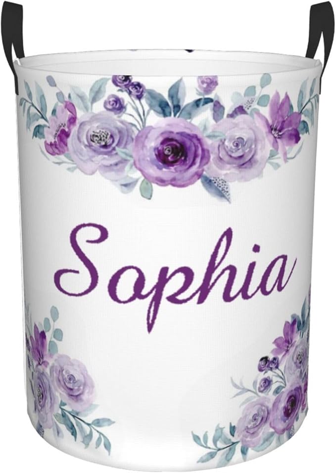 Personalized Laundry Basket for Nursery, Custom Nursery Laundry Hamper with Name, Customize Baby Clothes Circular Hamper for Boys Girls Room Decor, Purple Floral
