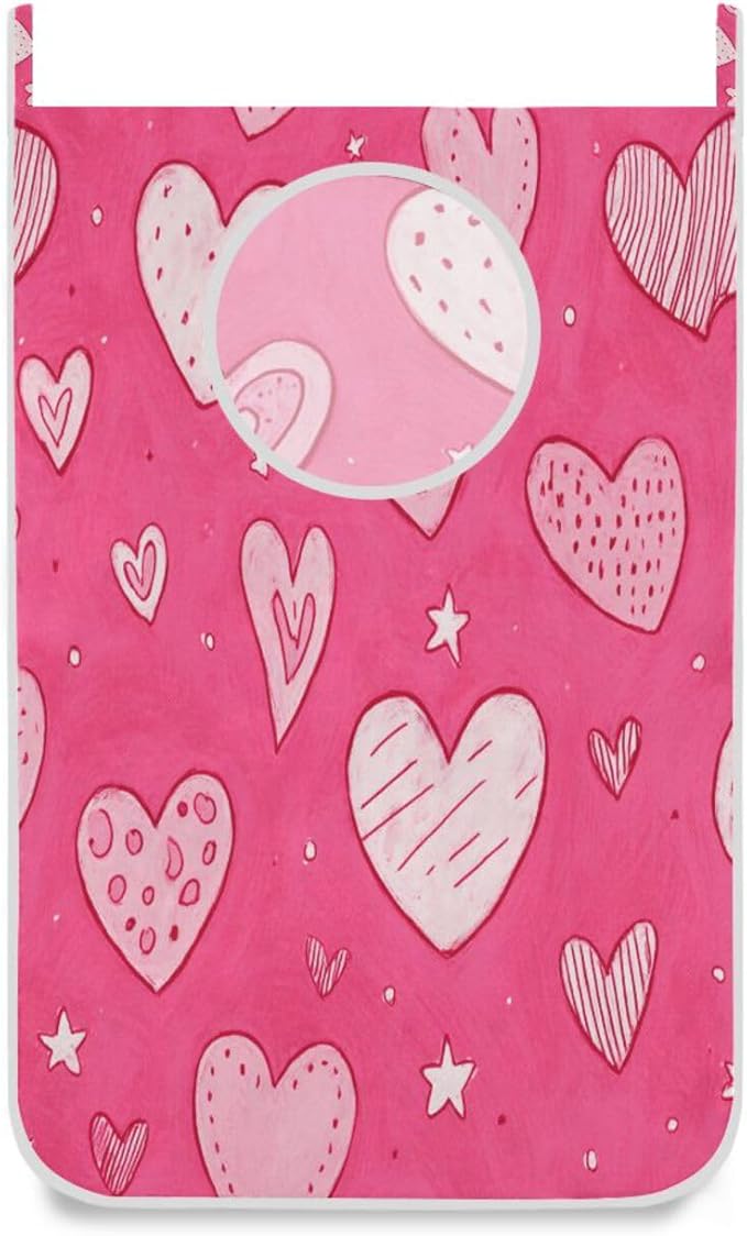 Hot Pink Hearts Stars Hanging Laundry Hamper Door Hampers Bag Basket with Stainless Steel Hooks Oxford Fabric Printing Decorative Clothes Bags 29.5X20inch 2Pack
