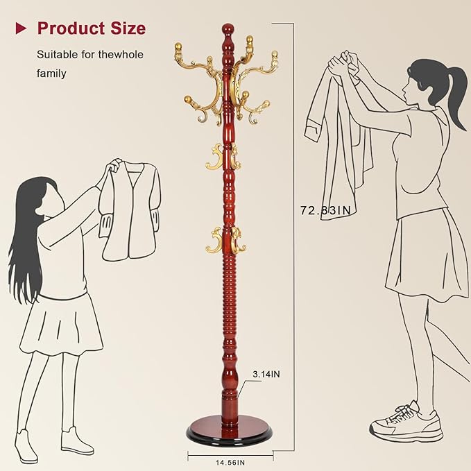 Wood Coat Rack Freestanding with 14 Hooks, 73 Inches Adjustable Height Coat Rack Stand, Vintage Hall Tree Coat Racks with Stable Round Base for Entryway, Bedroom (Begonia color)