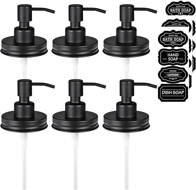 Amolliar Mason Jar Liquid Soap Dispenser Lid, 304 Stainless Steel Pump Lid for 16oz Regular Mouth Mason Jar, Rustic Farmhouse Decor, Hand Soap, Dish Soap, Lotion Soap, Black 6 Pack, Extra 3 Long Tubes