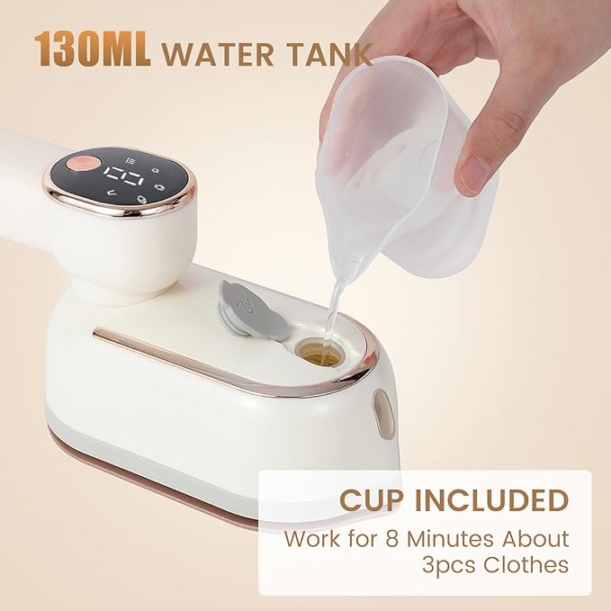 Portable Clothing Steamer, 1000W Clothing Wrinkle Remover, 3+1 Steam Adjustment Multifunctional Hanging Iron with LED Digital Display Screen, 130ml, with Water Shortage Warning, Safe Use (Beige)