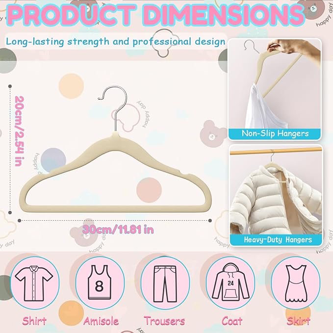 Baby Hangers 11.6 Inch Kids Velvet Non Slip Coat Hangers 30 Pack Toddler Hangers Space Saving Closet Organizer for Toddler Infant Children Clothing (Beige Velvet)
