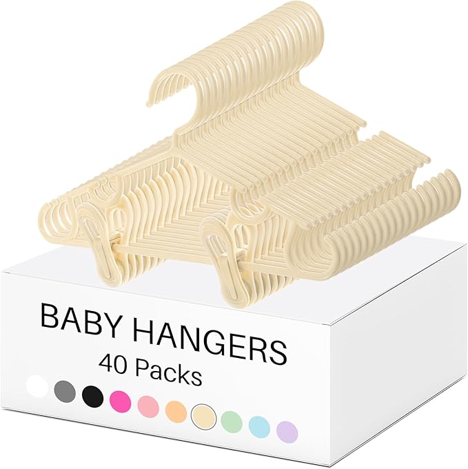 Hsei 5/10/40 Pack Baby Hangers with 10/20/80 Clips, Plastic Kids Pants Hangers for Nursery Closet Top and Bottom Clothes Hanger Set for Newborn Infant Toddler(120 Packs Total,Ivory,10.6 Inch)