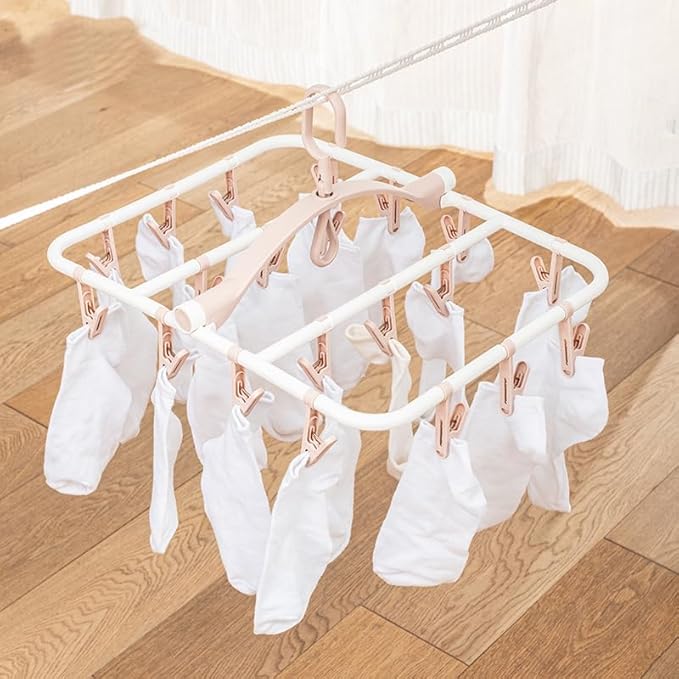 Clothes Drying Racks Foldable Clip Hangers Drip Hanger Plastic with 20 Drying Clips (Light Pink-Rectangle)