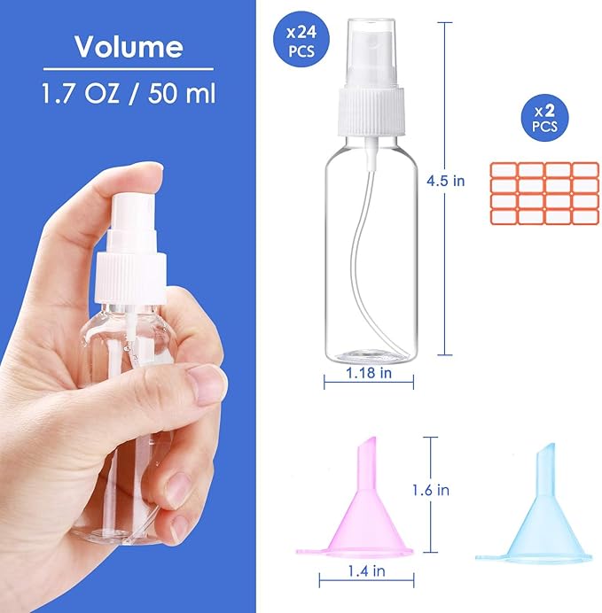 24 Pcs Spray Bottles 2oz / 55ml Clear Empty Mini Spray Bottles Refillable Container Pocket Size Sprayer Set Essential Oils Travel Cleaning Makeup Bottles with 2pcs Funnels 32pcs Labels
