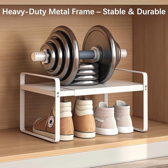 Expandable 1-Tier Metal Shoe Rack (H:7"), Adjustable Width 14.9"-23.6", Heavy-Duty Stackable Free-Standing Shoe Shelf for Closet & Entryway – 2-Pack Set