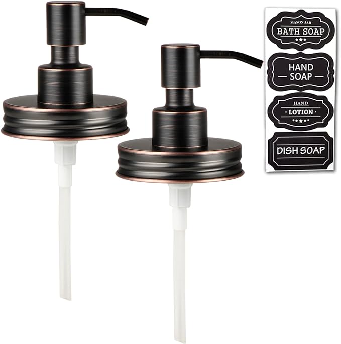 Amolliar Mason Jar Liquid Soap Dispenser Lid, Rust Proof Stainless Steel, Cute Farmhouse Decor for Kitchen, Bathroom, Bath, Refill Liquid Soap Pump for Hand Soap, Dish Soap, Lotion Soap, ORB 2 Pack