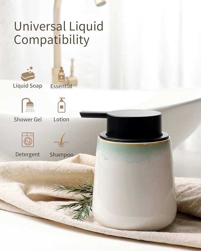 BosilunLife Hand Soap Dispenser - Ceramic Dish Soap Dispenser for Bathroom 12ounce Refillable Liquid Hand Wash Dispenser for Essential Oil, Lotion Soap, White with Blue-Green Rim