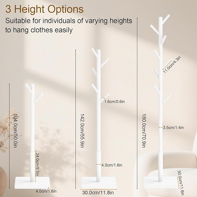 Coat Rack Freestanding with Stable Square Base for Cloathes, Hat, Used in Bedroom, Office and Entryway, Sturdy and Easy Assembly Coat Tree with 3 Adjustable Sizes and 8 Hooks, White