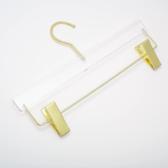 HomeCube USA Clear Acrylic Clothes Hanger with Gold Hooks & Clips – Heavy Duty Organizer for Skirts, Pants & More – Elegant Lucite Design for Closet, Home, Boutique & Retail Use