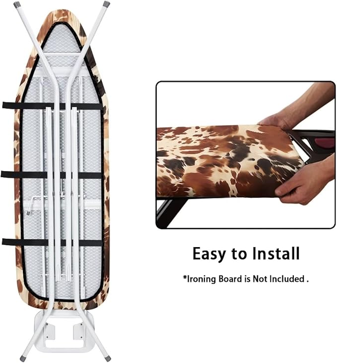 Brown Cow Print Reflects Heat Iron Board Cover, Durable Stretchable Scratches-Proof Fabric Standard Ironing Board Cover, Fitted Extra Wide 15 x 54 Ironing Boards