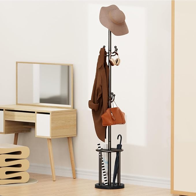 Coat Rack Freestanding, Coat Rack Stand with Umbrella Holder, Coat Tree, Coat Hanger Stand with 12 Hooks for Clothes Bag Hats, Hat Rack Hall Tree Coat Hanger Umbrella Stand for Entryway