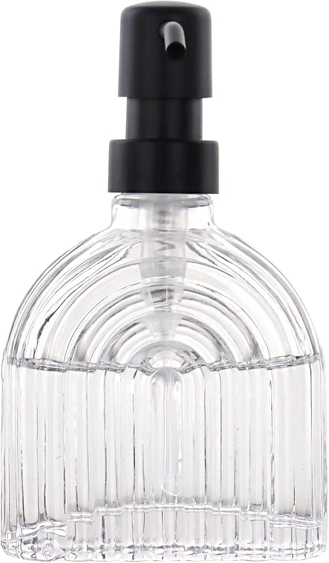 Glass Soap Dispenser for Kitchen and Bathroom Contertop Wash Hand Liquid, Dish Detergent, Farmhouse Style Shampoo Lotion Pump (1, Clear Glass with Black, 4" x 2"x 6-5/8")