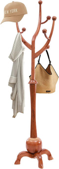 Coat Tree Freestanding Wood Tree Rack, Heavy Duty Creative Design Tree Branch-look Coat Rack Stand with 8 Hooks and Stable Sphere Base for Entryway, Hallway, Bedroom-Load 110lbs (Teak)