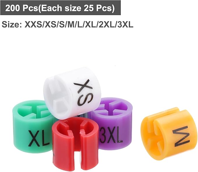 MECCANIXITY Clothes Hanger Marker XXS/XS/S/M/L/XL/2XL/3XL Size Tag Fit 3mm Rod Multicolor for Garment Clothing Color Coding, 200Pcs