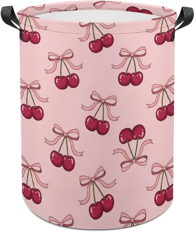 Pink Laundry Basket Cherry Decor Bow Laundry Hamper Clothes Toy Storage Bin for Bedroom Bathroom