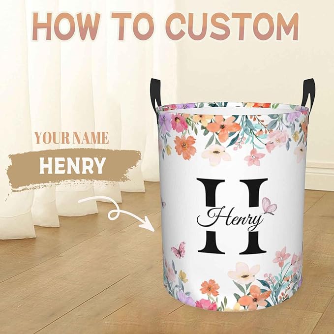 Custom Name Laundry Basket, Personalized Collapsible Laundry Hamper with Name for Bathroom Bedrooms, Customized Dirty Clothes Hamper Storage Basket Gifts for Kids Boys Girls Baby Men Women