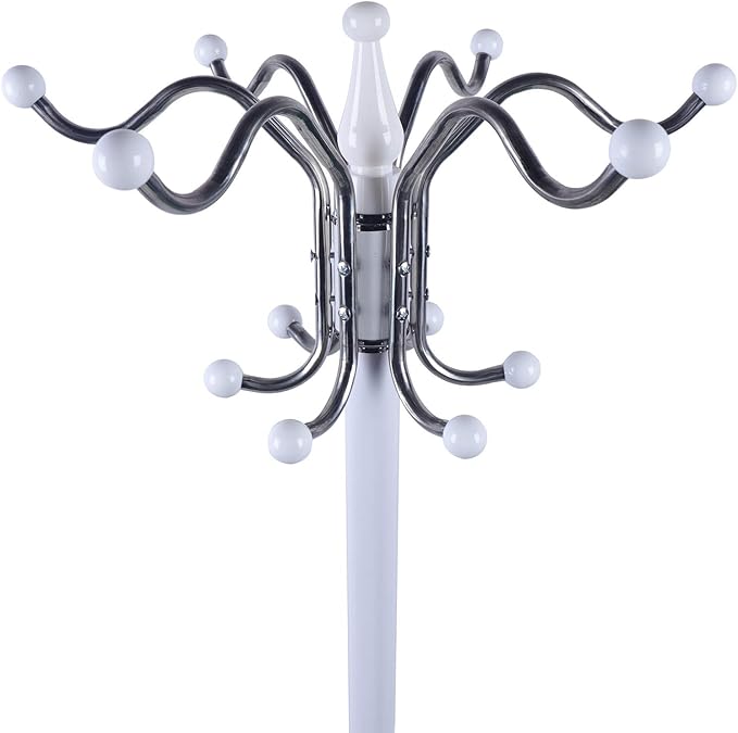 DouSeiAi Metal Coat Tree, Standing Coat Tree Stand with 16hooks and Marble, Free Standing Hall Tree for Hanging Scarf, Bags, Jackets, Handbags, 67" Tall, White