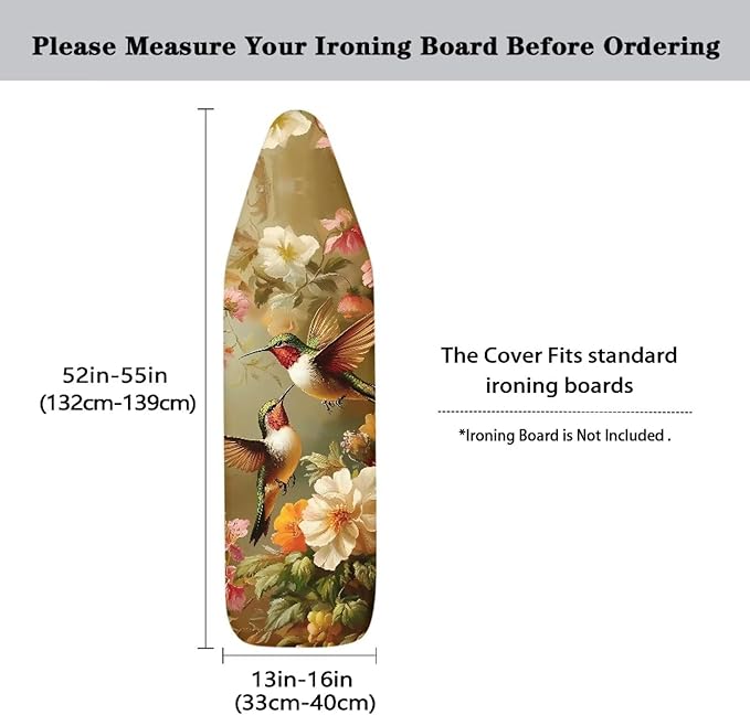 Hummingbird Flower Cover for Ironing Board 15x54 Inch Standard Size Iron Board Cover with Elastic Edge Universal Fit, Hook and Loop Design