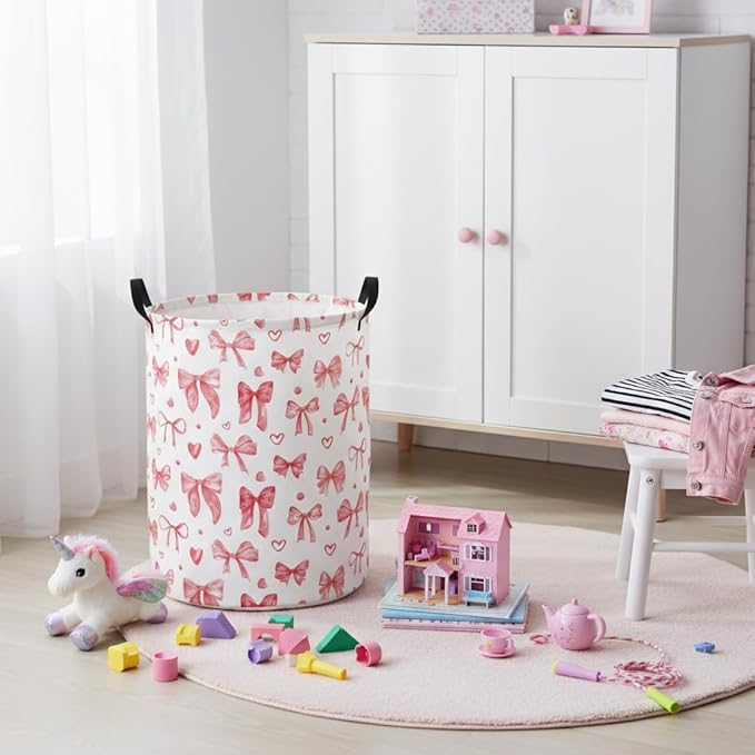 Baby Laundry Basket Baby Nursery Hamper Kids Laundry Basket Toy Storage Bin for Boys Room Decor Gift Baskets for Bedroom Bathroom(Heart Bowknot)